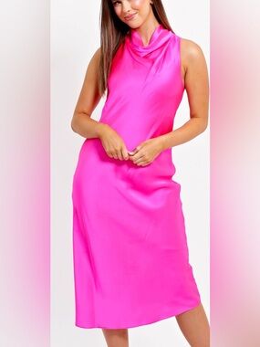 ANTONIO MELANI Hot Pink Cowl Neck Satin Midi Dress